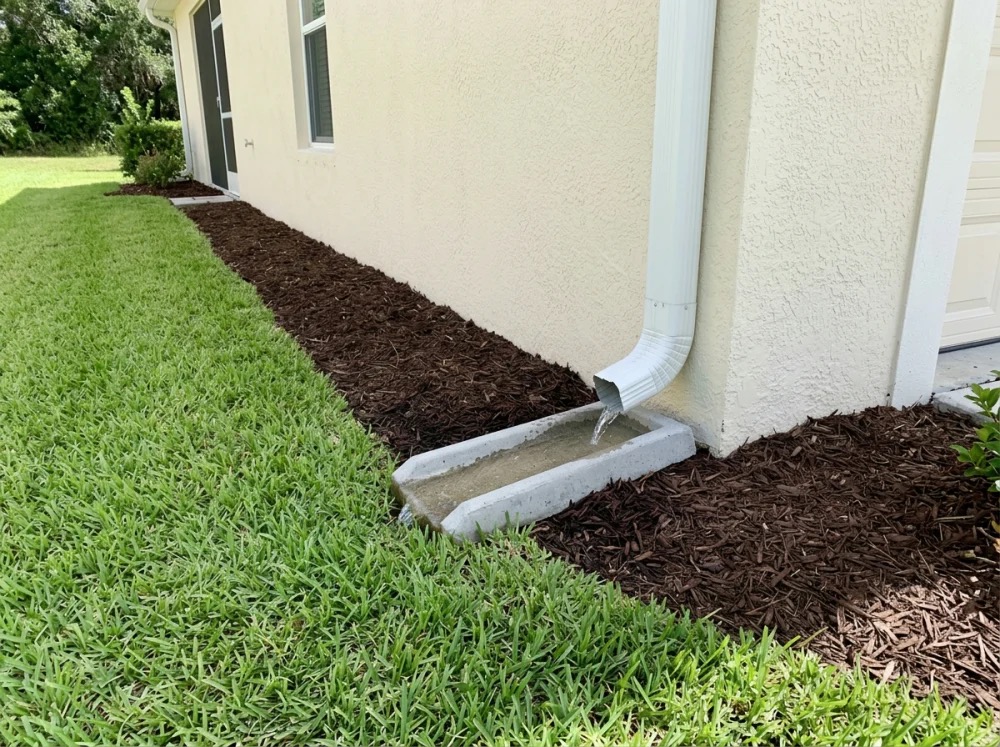 Downspout discharging onto a splash block away from the foundation