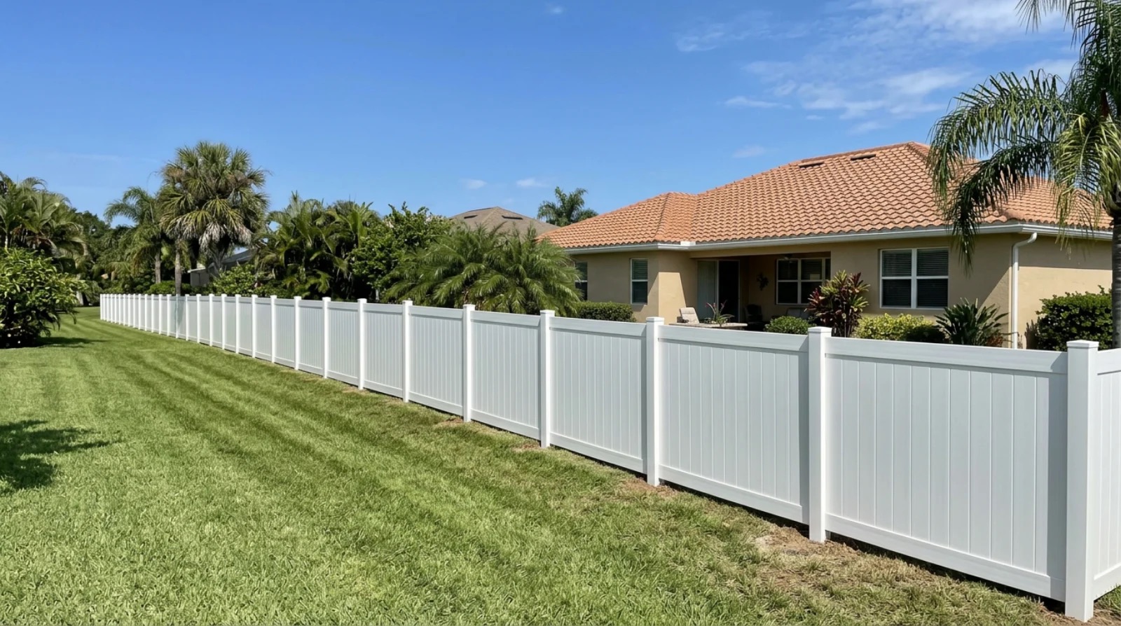 Finished vinyl privacy fence running the corner of a Central Florida yard