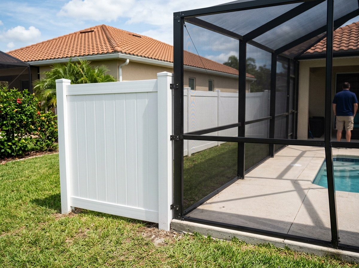 Vinyl privacy fence beside a screen pool enclosure in Central Florida