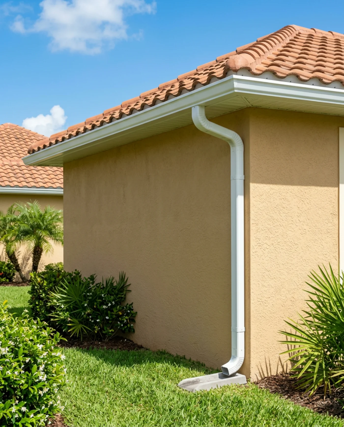New seamless white gutters and downspout on a Central Florida tile roof home