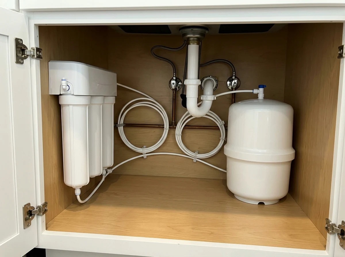 Reverse osmosis filters and storage tank installed under a Central Florida kitchen sink