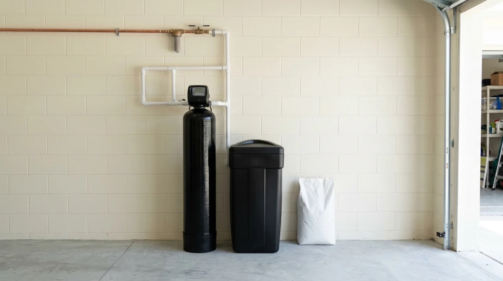 Whole home water filtration and softener installed in a Florida garage