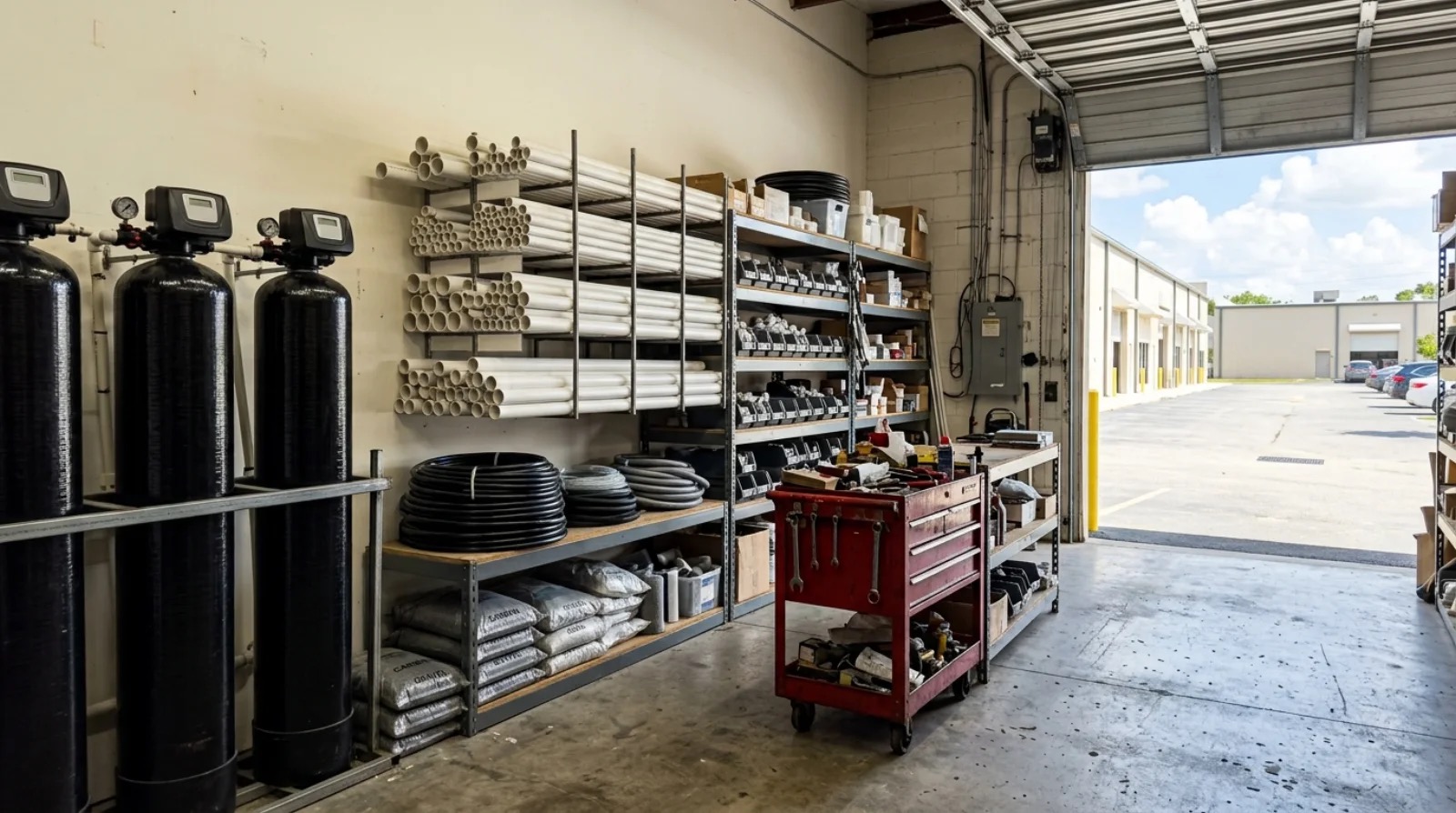Water treatment tanks and pipe stocked at the Crystalline shop, serving Ocala, Florida